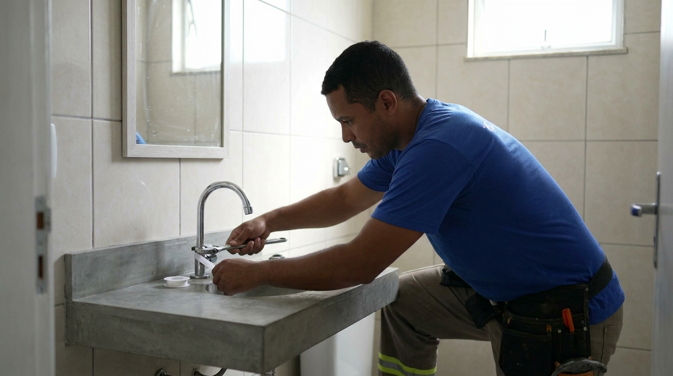 Encanador instalando torneira em Taubaté‑SP