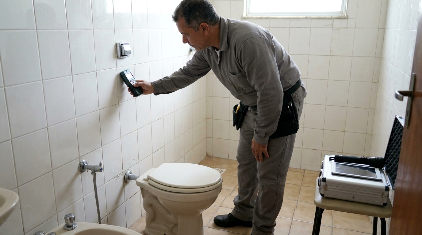Técnico de caça vazamento analisando tubulação em Taubaté‑SP
