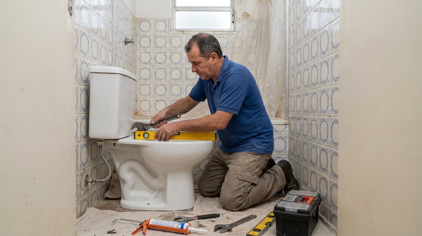 Técnico instalando vaso sanitário em Taubaté‑SP